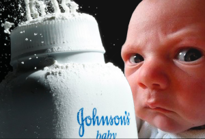 A baby stares angrily at camera next to cancer-causing baby powder