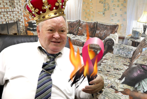 James Reynolds Sr. wears a crown and holds a burning cancer ribbon in a room filled with money.