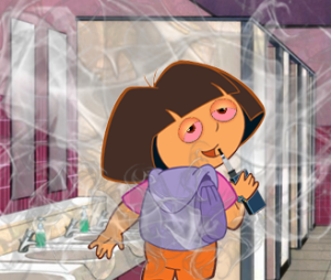Dora the explorer smokes a vape pen in a school bathroom