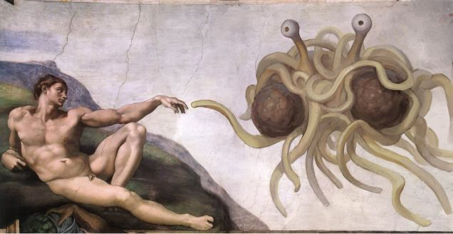 a painting depicts the Flying Spaghetti Monster touching a noodle to Adam's finger