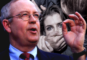 Kenneth Starr makes an "okay" hand gesture while a girl is held with a hand over her mouth behind him