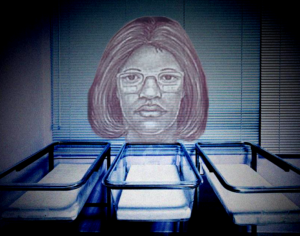 Gloria William's police sketch above empty cribs